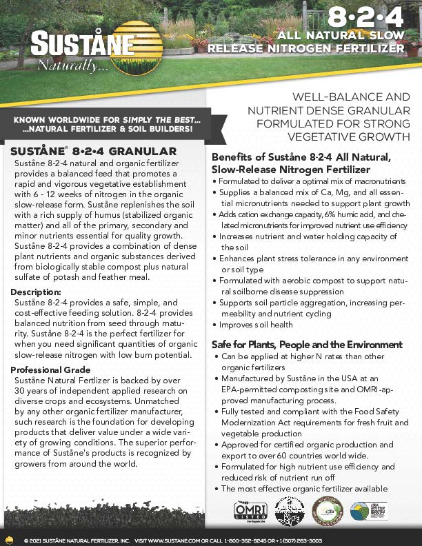 Sustane 8-2-4 2% Ca Medium Organic-Base Granular Fertilizer 50 lb. Bag OMRI Listed for Organic use. Image